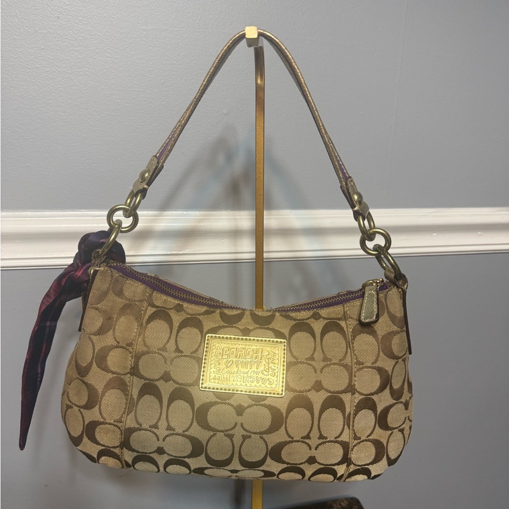 Coach Poppy Tartan Appliqué Groovy Shoulder Bag Brown Purple - Picture 4 of 17